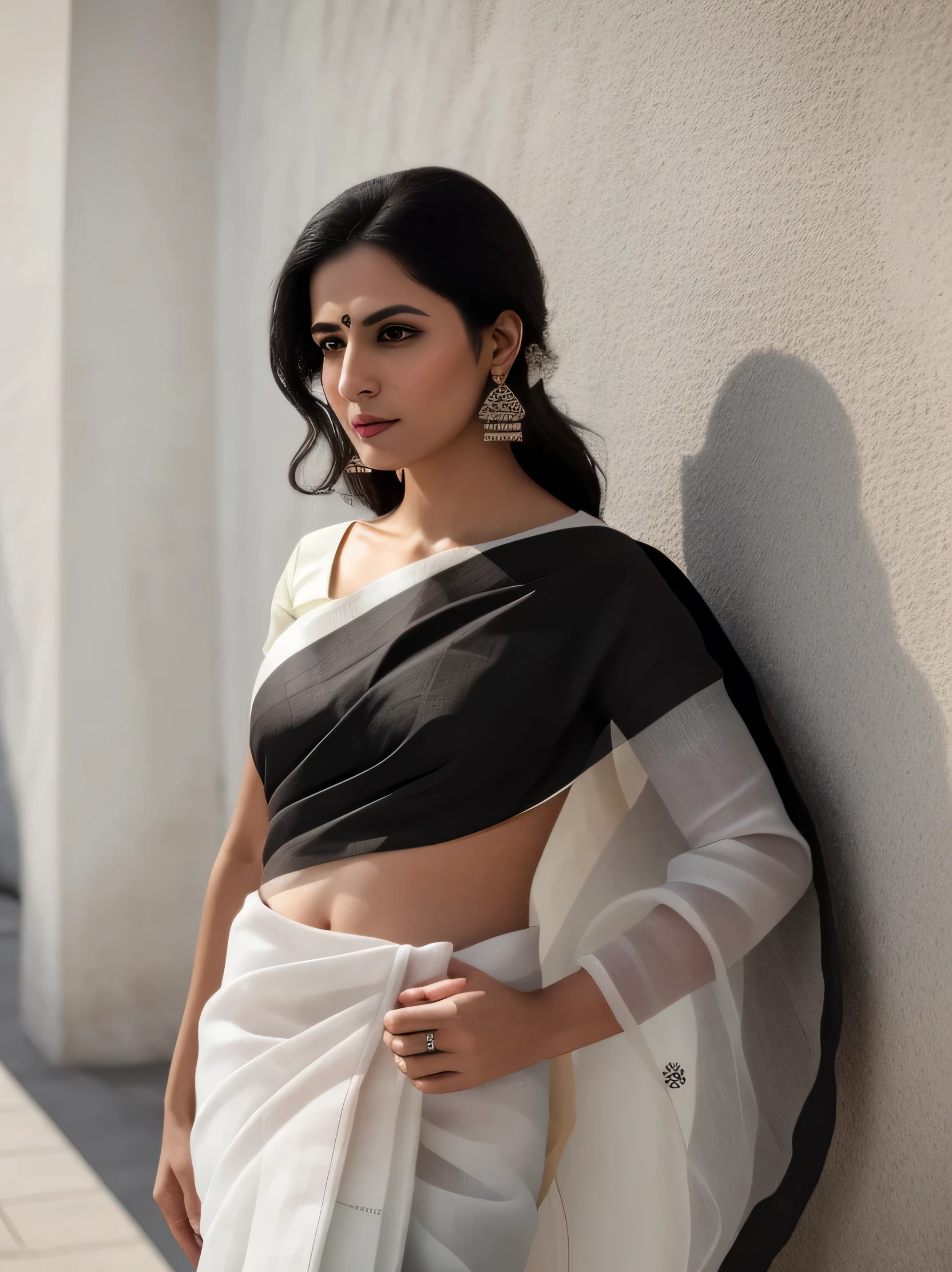 photo of trdi woman, outdoors, realistic skin texture, looking looking at camera, (cotton_saree_blouse:1.2), simple white stucco background, black hair , ultrarealistic   