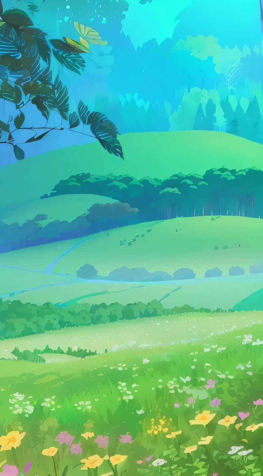Cartoon scene of a green meadow with flowers and trees, background technology, background technologywork, mobile Game Background, Game Background, Elf forest background, Magic battlefield background, Savannah Background, 2D Game Art Background, Breeze Background, Random background scenes, 2d Game Background, Forest punk background, anime background technology, Soft forest background, Background Jungle, Distant forest