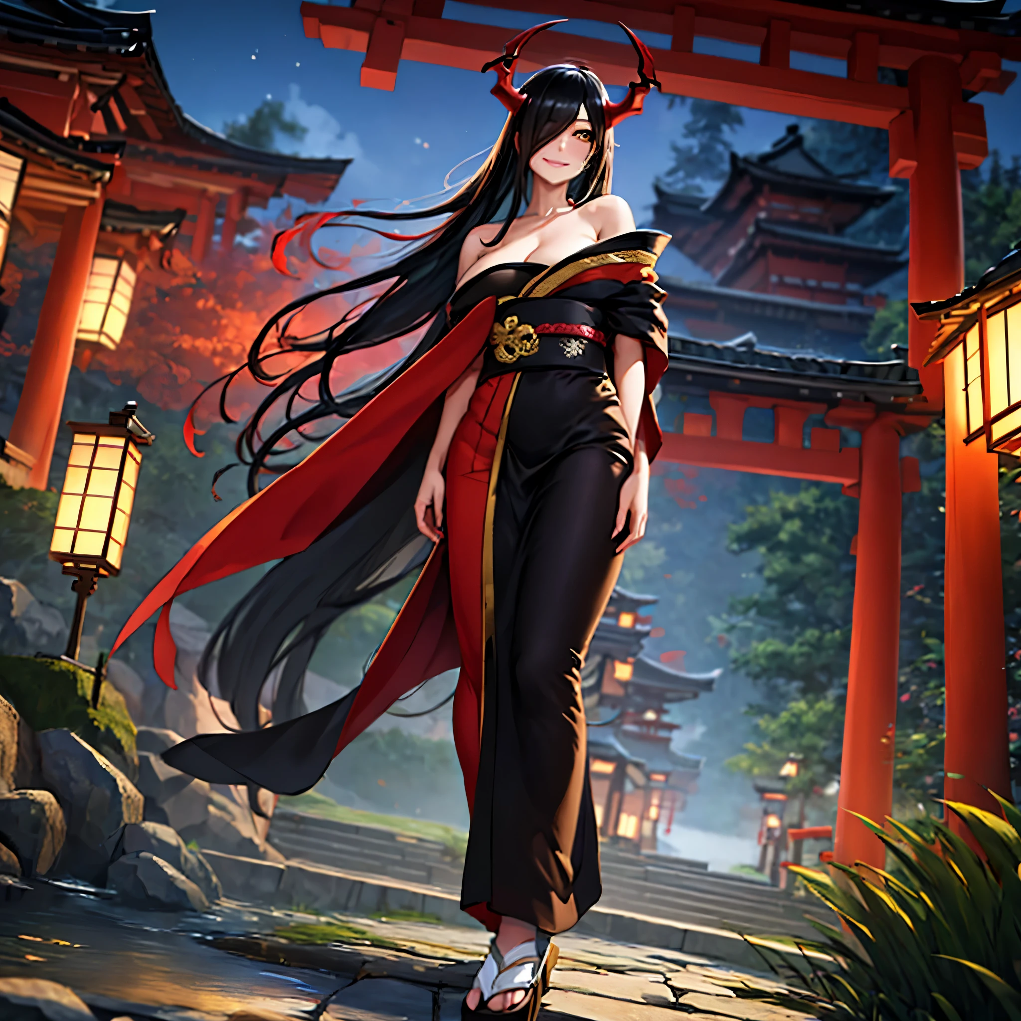 A woman wearing a long black yukata with red and gold details, long black hair, red horns, long red fur cape, yellow eyes, smiling, walking in a Japanese garden at night, traditional Japanese arch in the background, big breasts,Surrealism, drop shadow, anaglyph, stereogram, tachi-e, pov, atmospheric perspective, 8k, super detail, ccurate, best quality, award winning, textured skin, highres, anatomically correct, (woman solo)
