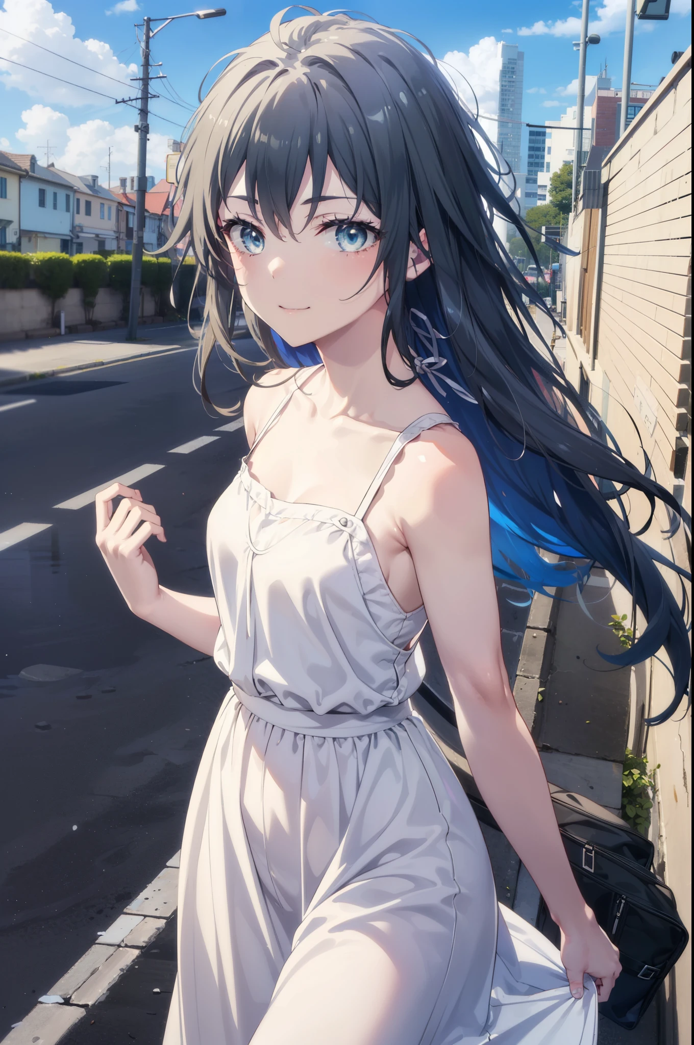 yukinoyukinoshita, Yukino yukinoshita, Black Hair, blue eyes, Long Hair,smile, Small breasts,happy smile, smile, Close your mouth,
, Sleeveless white dress,White long skirt,Cute Sandals,walking,Real Summer,Daytime,sunny,whole bodyがイラストの中に入っていくように,
break outdoors ,city,Building district,Coastal Road　　　　　　　　　　　　　　　break looking at viewer, whole body,
break (masterpiece:1.2), highest quality, High resolution, unity 8k wallpaper, (shape:0.8), (Beautiful and beautiful eyes:1.6), Highly detailed face, Perfect lighting, Extremely detailed CG, (Perfect hands, Perfect Anatomy),