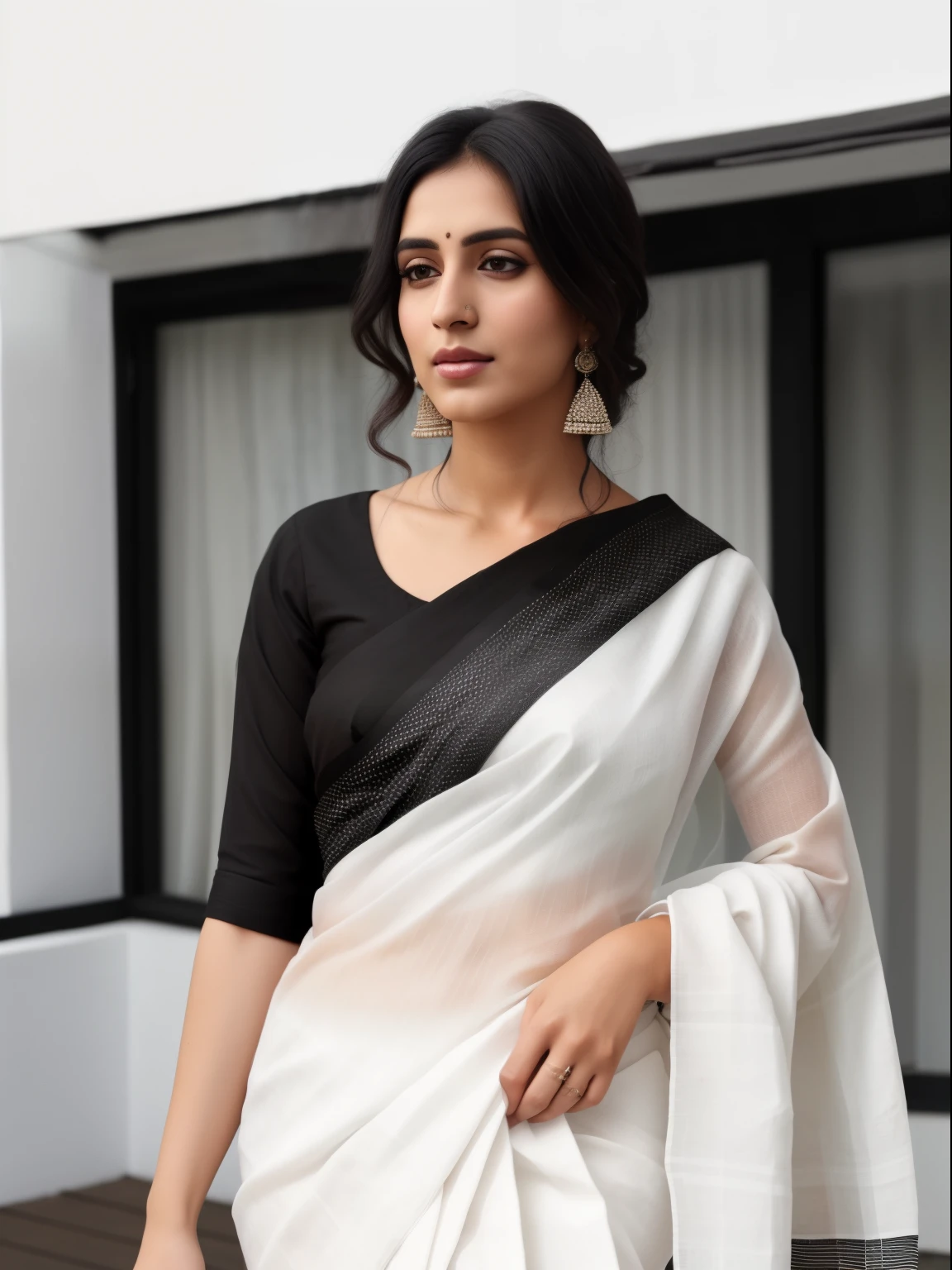 photo of trdi woman, outdoors, realistic skin texture, looking looking at camera, (cotton_saree_blouse:1.2), simple white stucco background, black hair , ultrarealistic   