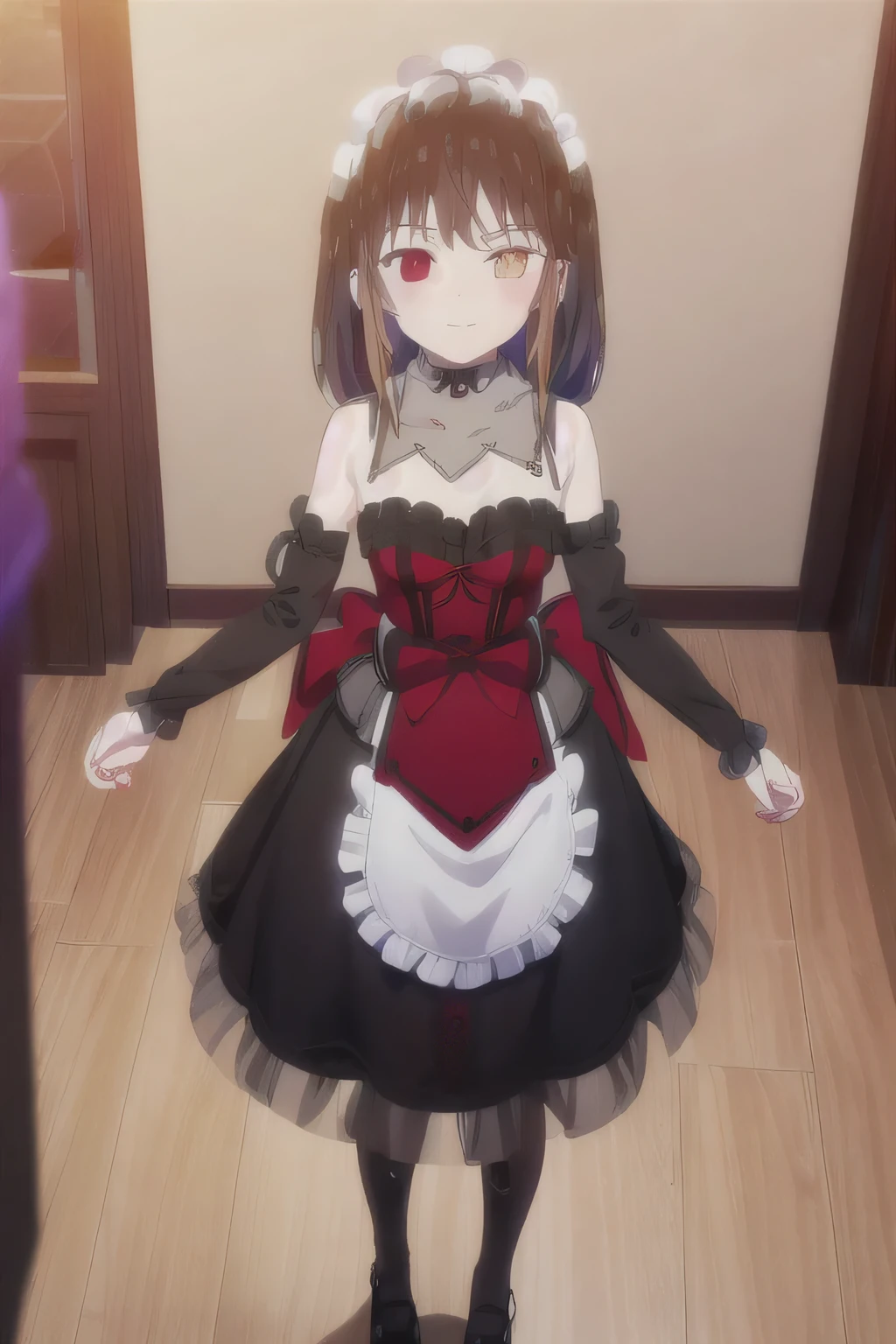 (((Pixel Perfect, Perfect details))), Solitary, 1 Girl, Tokisaki Kurumi, Double tail, scarf, skirt, , Looking at the audience, Black Time Saki, Black Hair, (Red Eyes:1.2), (Small breasts:1.2), rest blush, Smile, High Leg Raise, bow, ribbon, cleveage, decorate, apron, white High Leg Raise, Wrist sleeves, maid, maid headdress, Garter, rest looking at viewer, rest indoors, floor, floorroom, rest (masterpiece:1.2), best quality, high resolution, Unity 8K wallpaper, (illustration:0.8), (Beautiful and delicate eyes:1.6), Extremely detailed face, Perfect lighting, Extremely detailed CG, (Perfect hands, Perfect anatomical structure),