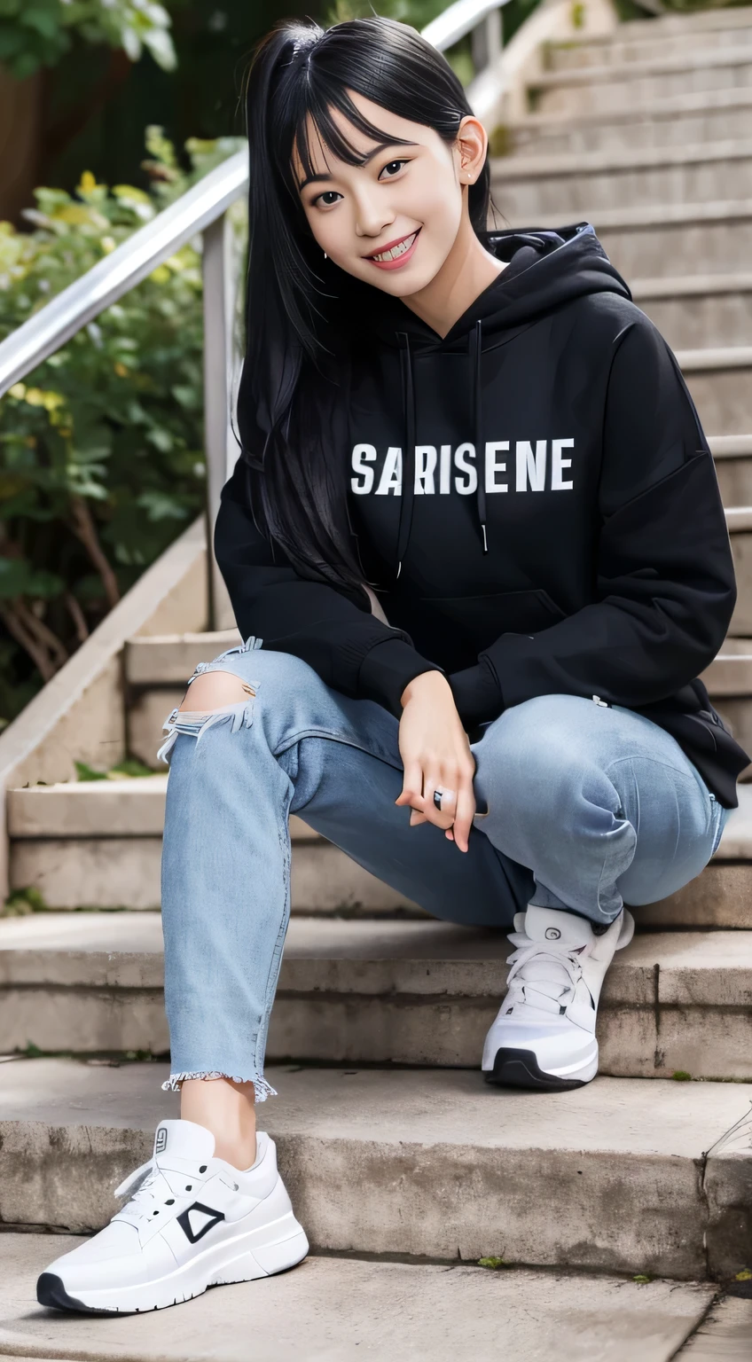 highest quality, Realistic, Very detailed, Finer details, High resolution, 8k wallpaper, One beautiful woman,Sit on the stairs、(Wear black socks)smile、(Beautiful teeth alignment、)(Gums are visible) Oversized hoodie, Skinny jeans,( Black sneakers)、Black Hair、 Beautiful Bangs、ear piercing、Perfect dynamic composition, Beautiful and detailed, Full Body Shot, A big smile black socks