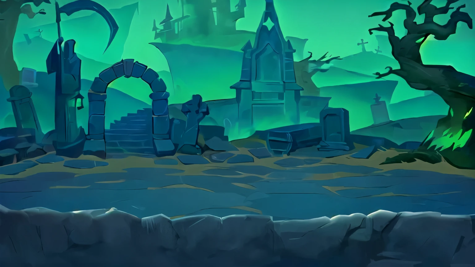 cartoon illustration of a graveyard with a cemetery and a cemetery, background art, graveyard background, background artwork, game background, mobile game background, in a dungeon background, dungeon background, haunted background, valley of the damned background, odin's stone arena background, 2d game background, light kingdom backdrop, 2 d game art background, videogame background, shadowy castle background
