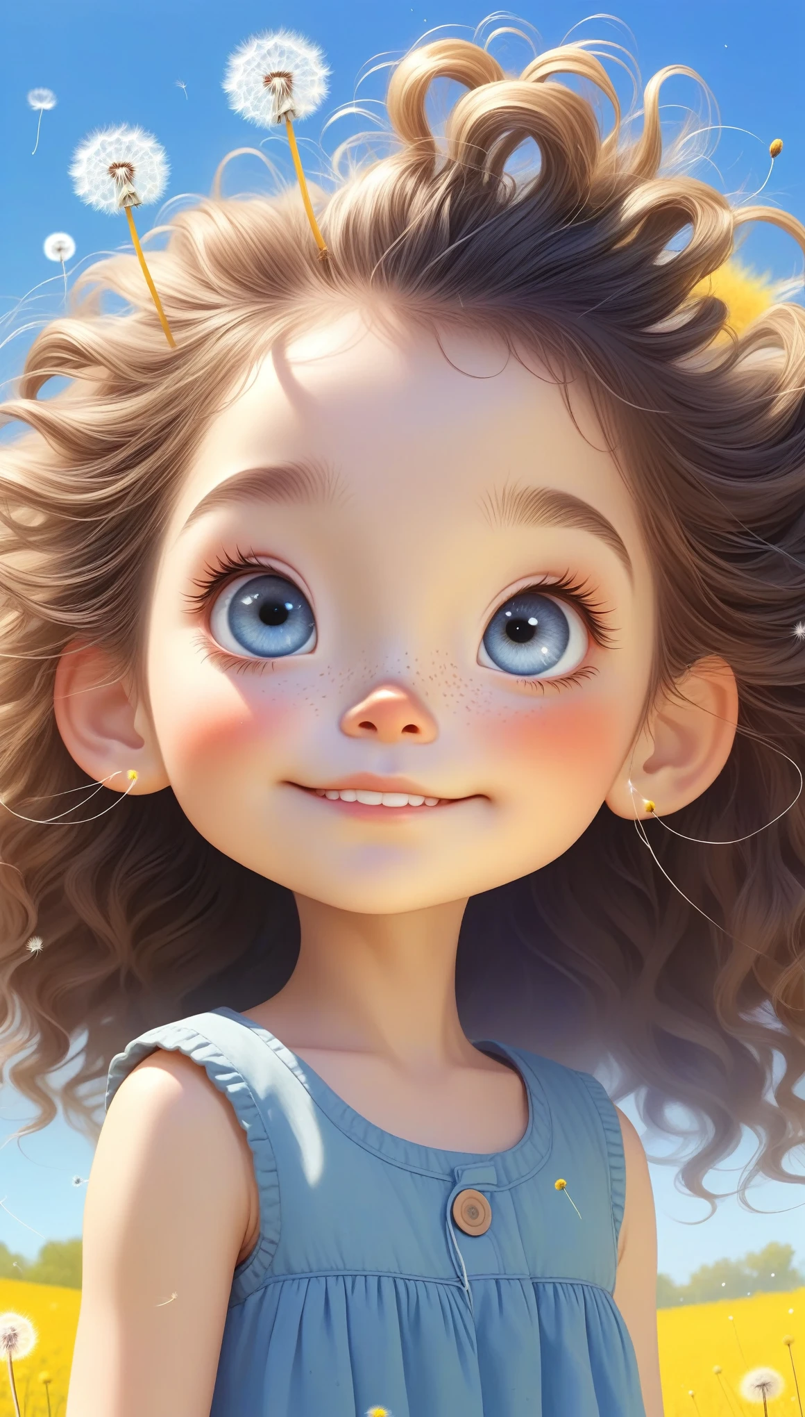 1 Girl(Lovely, Kawaii,,Hair shiny,Braided hair,Messy hair,Dandelion Hair Accessories,Eye Color Universe,big eyes,Dynamic Angle:1.4,whole body,Dynamic poses,Delicate face,Bright colors,Blowing dandelion seeds,Smile),little duck