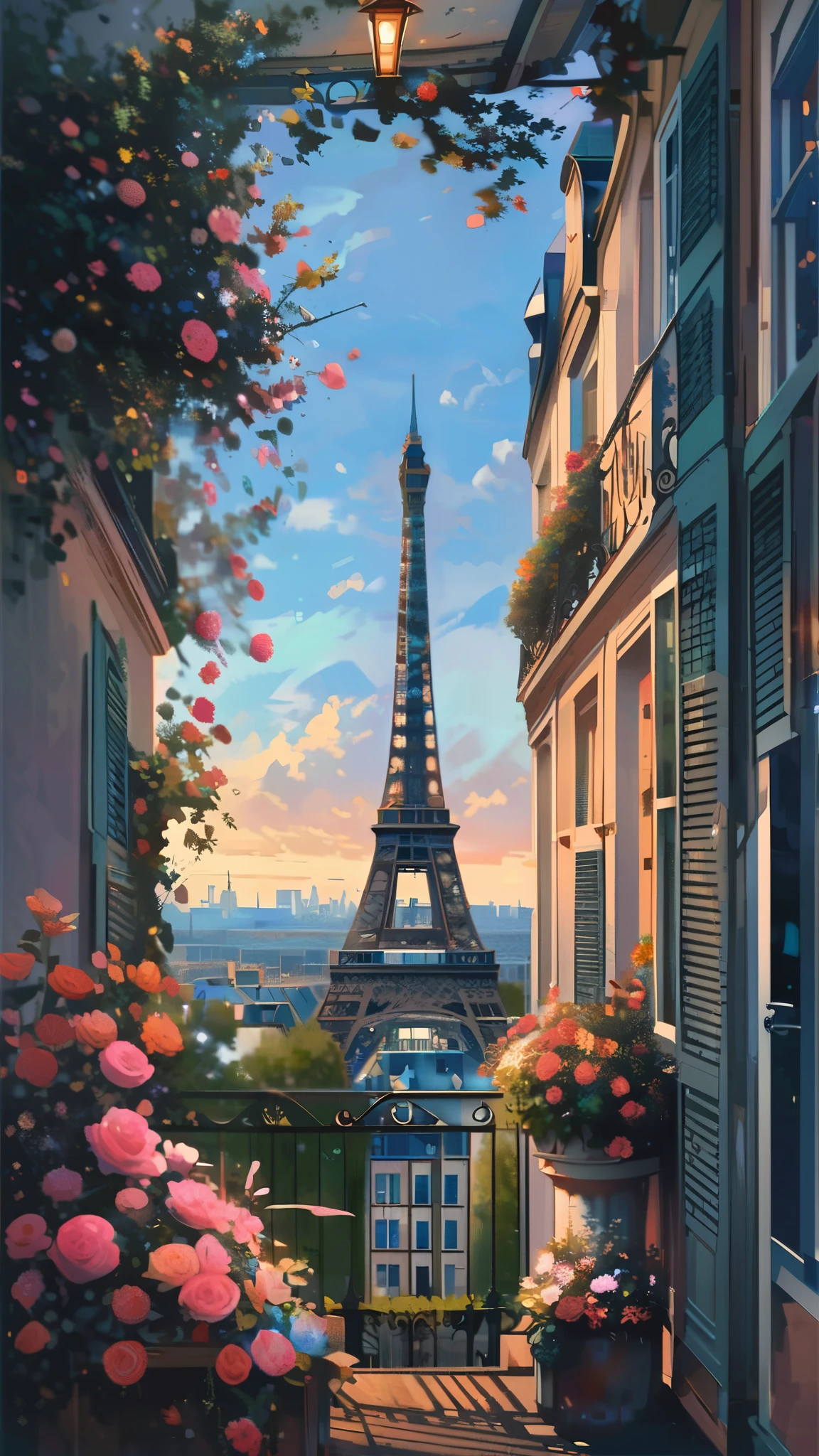 Generate an 8K painting of a view of the eiffel tower from a balcony, balcony filled with flowers, paris background, multicolored flowers, roses, with eiffel view, the city of paris, eiffel tower photography, paris city, portrait of paris, ornate french architecture, paris hotel style, french architecture, parisian buildings, beautiful cityscape, scenic view at night, france, in the foreground paris, wrought iron architecture, eiffel tower in the middle, paris