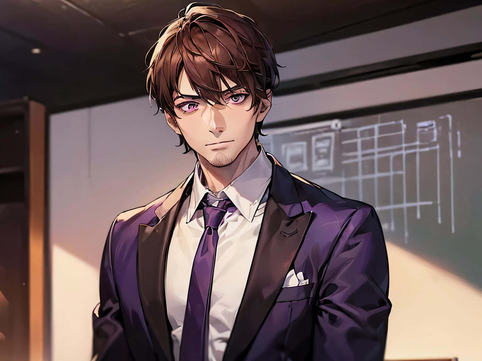 (((((Solitary)))),35-year-old man, warm skin, Pupils purple, Mature face, avatar,,Male focus, Looking at the audience, Upper Body ,Brown hair, short hair, Face Focus, aldult, Business suit, jacket, White shirt, tie, Pants, best quality, Facial details.,Classroom,Sharp eyes