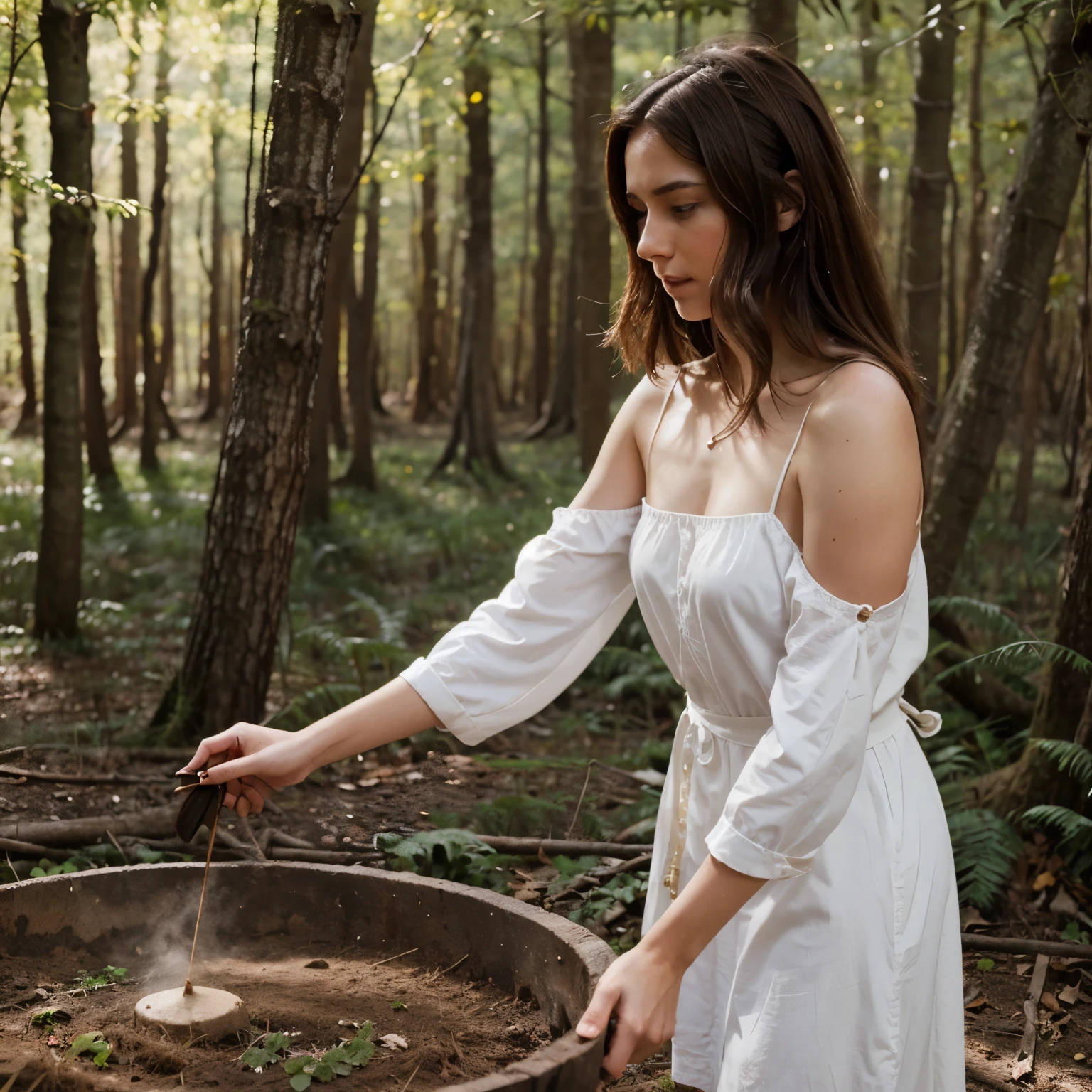 Chica bruja recolectando hierbas en el bosque, His appearance is pale skin and shoulder-length brown hair.
