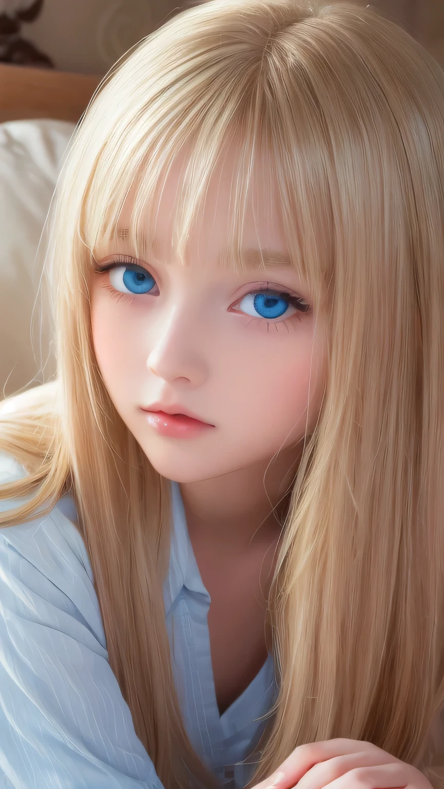 A very white and beautiful 20-year-old blonde girl、Mastepiece, Best Quality, Illustration, Ultra-detailed fine details, Natural platinum blonde with a natural shine、Super long straight silky hair、Super long Rapunzel hair、disheveled bangs above the eyes,、Bangs that cover the face、High resolution, 8K Denden Wallpaper, Perfect dynamic composition, Beautifully detailed large light blue eyes , Very big eyes、of hotel(Bed)、Small Face Beauty、Round face、On all fours