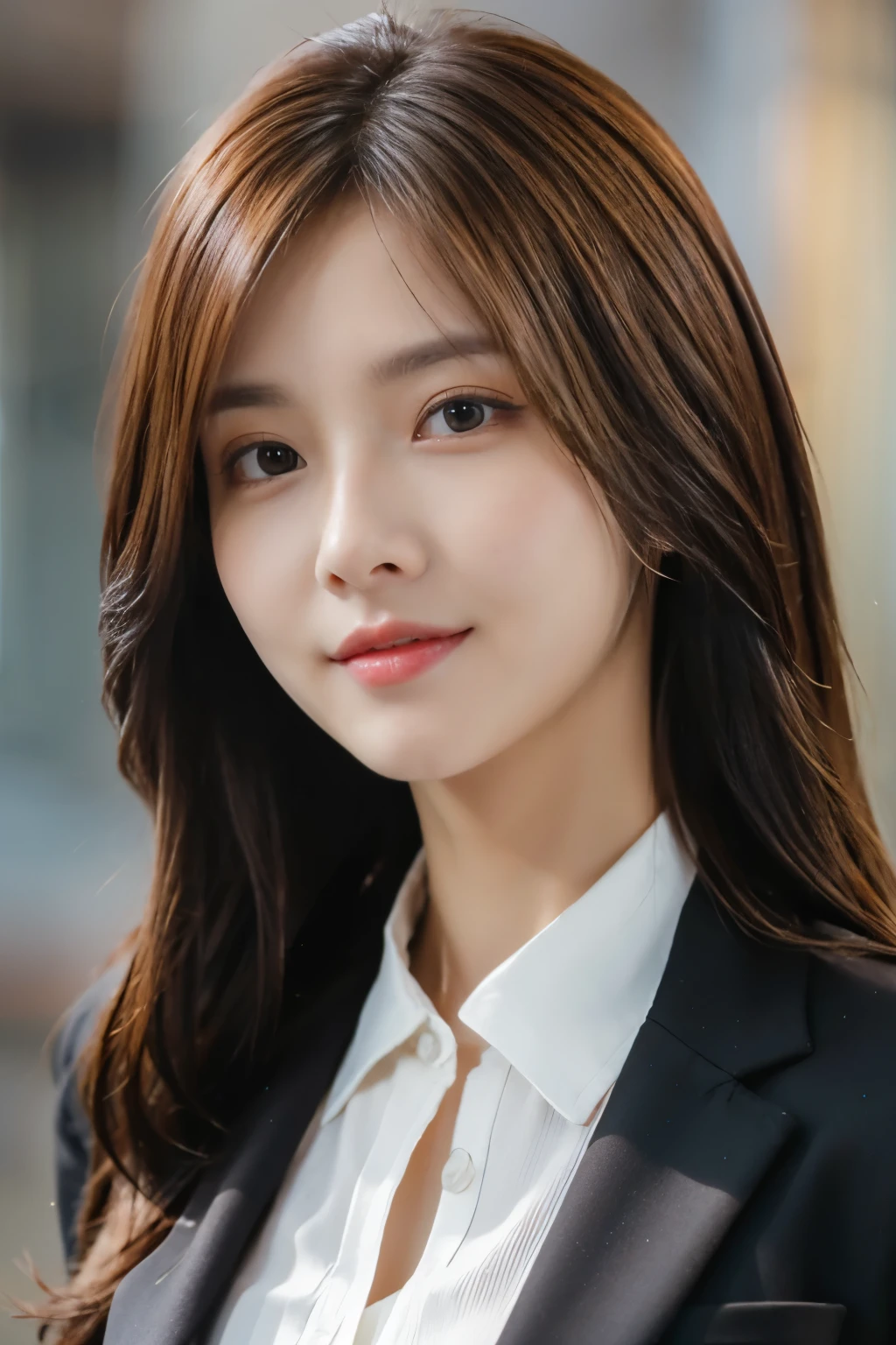 Tabletop, highest quality, Realistic, Very detailed, In detail, High resolution, 8k wallpaper, One beautiful woman,, Light brown messy hair, Wearing a business suit, Sharp focus, Perfect dynamic composition, Beautiful fine details, Fine hair, Detailed and realistic skin texture, smile, Close-up portrait, Model Body Type