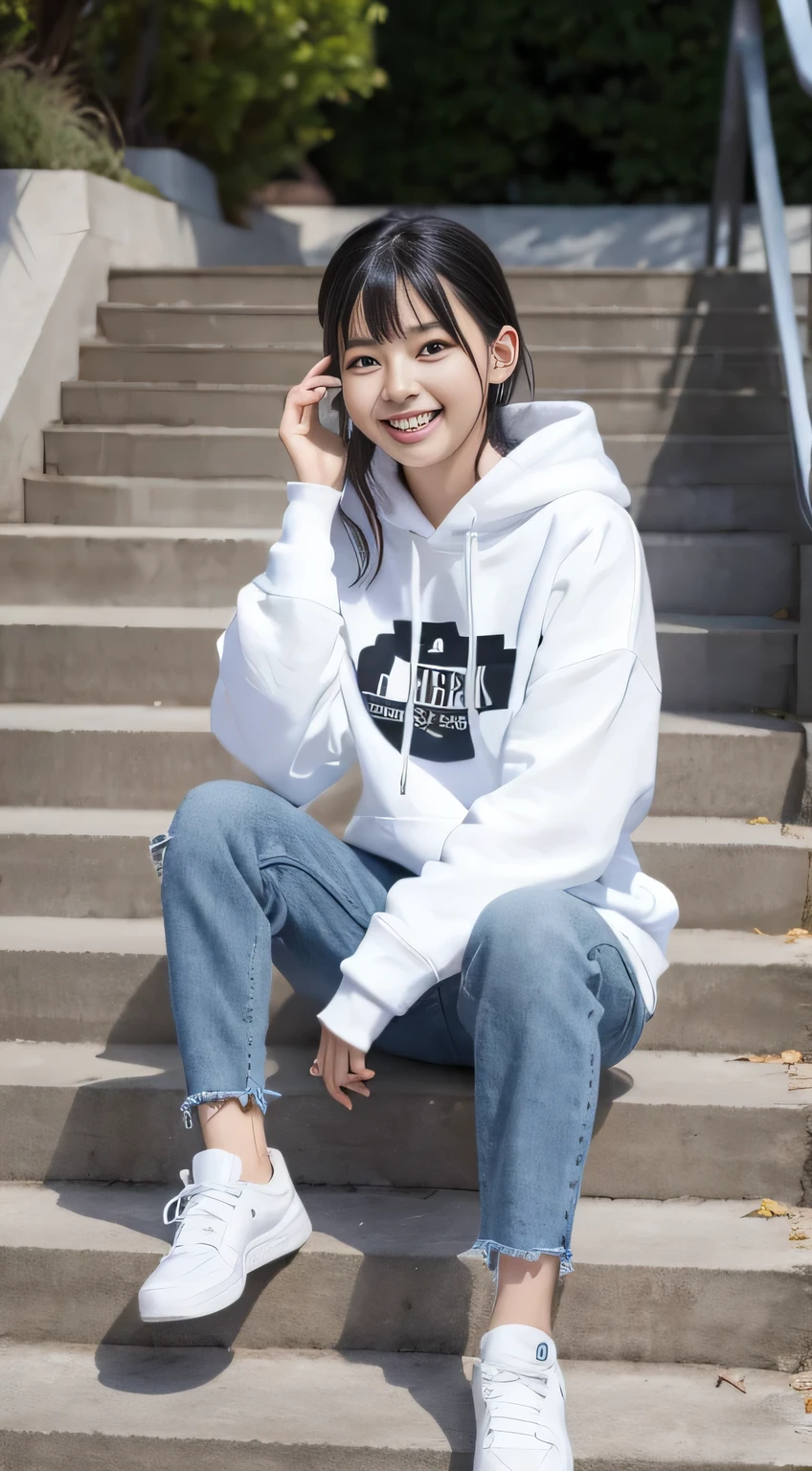 highest quality, Realistic, Very detailed, Finer details, High resolution, 8k wallpaper, One beautiful woman,Sit on the stairs、（Wear black socks）smile、（Beautiful teeth alignment、）（Gums are visible） Oversized hoodie, Skinny jeans,（ Black sneakers）、Black Hair、 Beautiful Bangs、ear piercing、Perfect dynamic composition, Beautiful and detailed, Full Body Shot, A big smile black socks