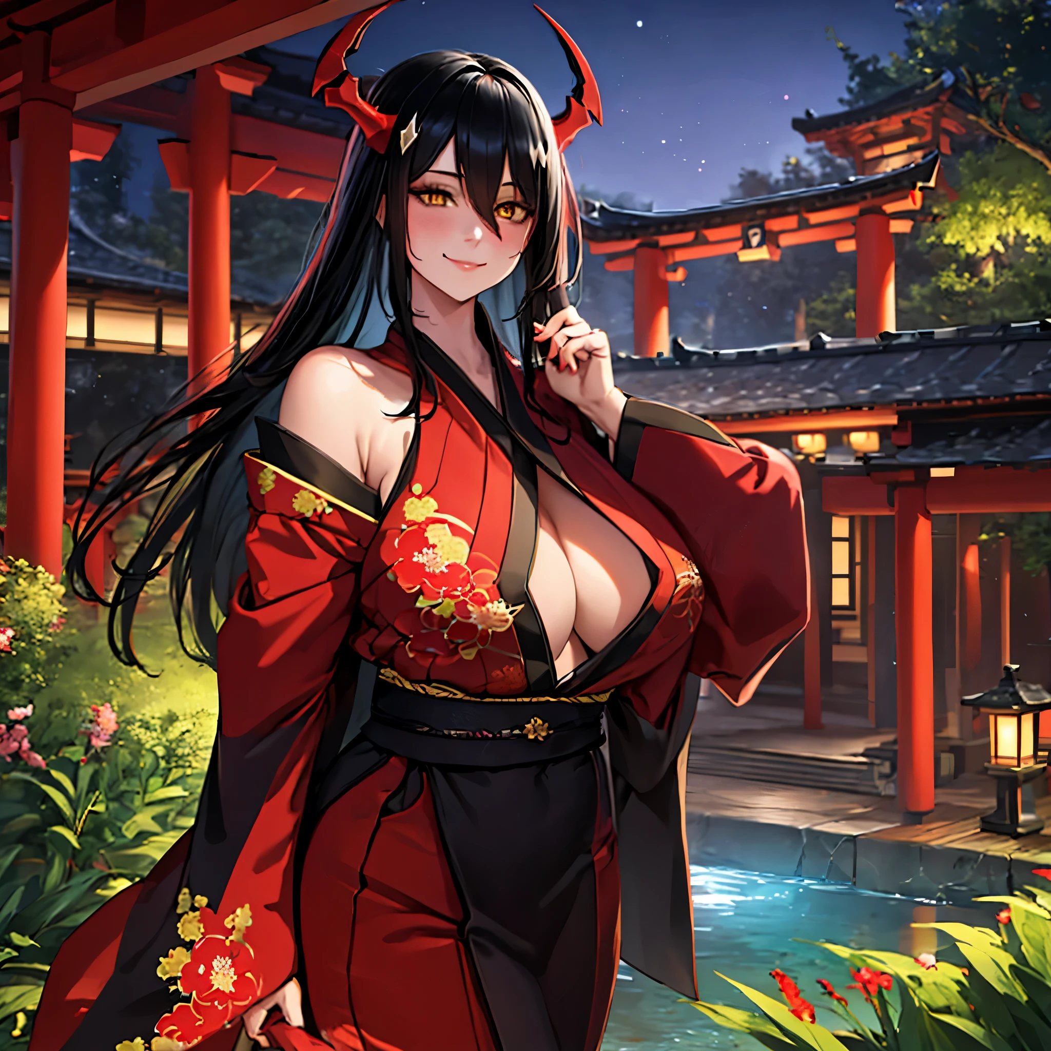 A woman wearing a long black yukata with red and gold details, long black hair, red horns, long red fur cape, yellow eyes, smiling, walking in a Japanese garden at night, traditional Japanese arch in the background, big breasts,Surrealism, drop shadow, anaglyph, stereogram, tachi-e, pov, atmospheric perspective, 8k, super detail, ccurate, best quality, award winning, textured skin, highres, anatomically correct, (woman solo)
