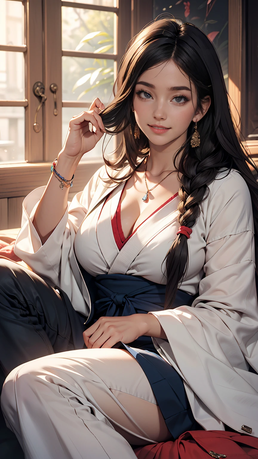 (8K, RAW Photos, highest quality, masterpiece:1.2), (Realistic, photo-Realistic:1.37)、26 year old Japanese woman、Hair is black、Eye color is indigo、long hair、I braid it lightly、Venus Body、Having her hair done、My chest is popping out、Wearing accessories on the ankle、smile、I'm wearing a hairband、Wearing a sheer tie-front shirt、The belly button is visible、Wear a navy blue low-rise micro mini pleated skirt、smile