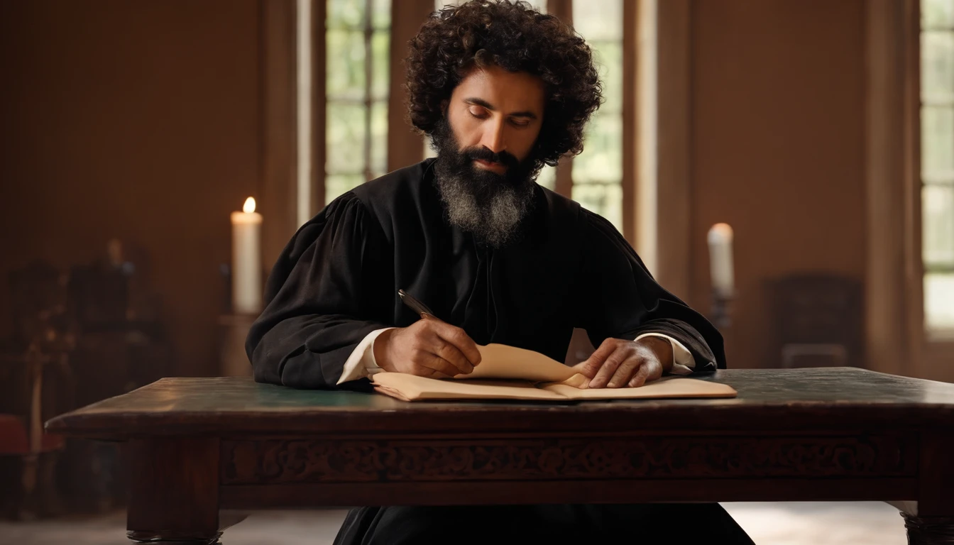 40 year old man, curly balck hair and beard Portuguese, 16th century sitting at a table finalizing documents, judge