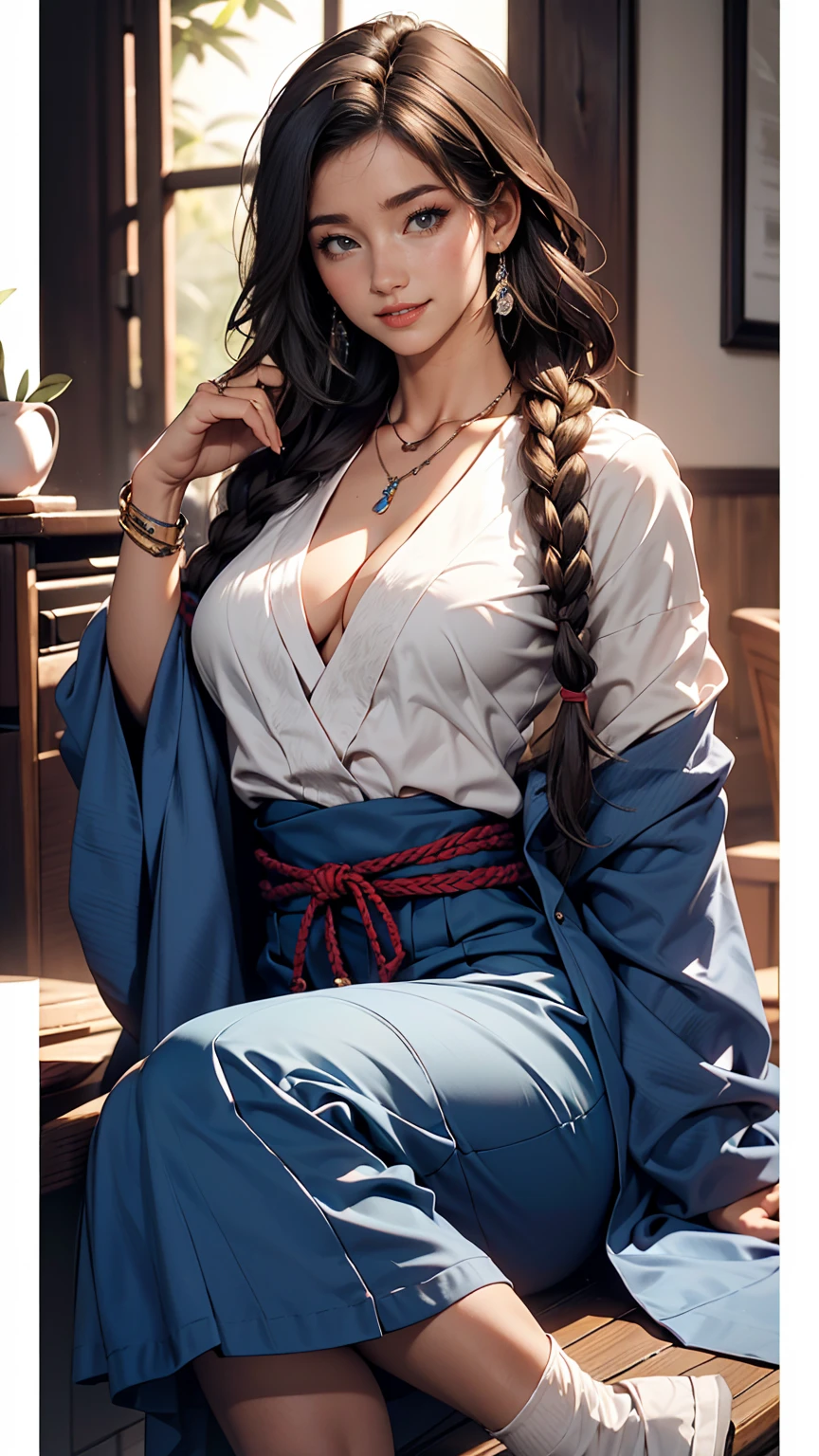 (8K, RAW Photos, highest quality, masterpiece:1.2), (Realistic, photo-Realistic:1.37)、26 year old Japanese woman、Hair is black、Eye color is indigo、long hair、I braid it lightly、Venus Body、Having her hair done、My chest is popping out、Wearing accessories on the ankle、smile、I'm wearing a hairband、Wearing a sheer tie-front shirt、The belly button is visible、Wear a navy blue low-rise micro mini pleated skirt、smile