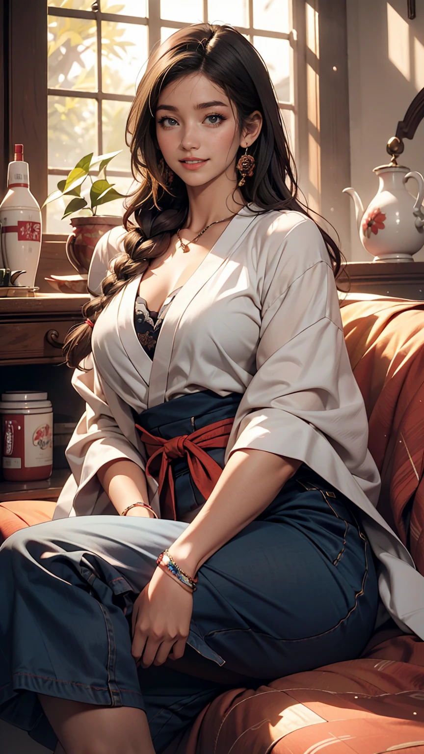 (8K, RAW Photos, highest quality, masterpiece:1.2), (Realistic, photo-Realistic:1.37)、26 year old Japanese woman、Hair is black、Eye color is indigo、long hair、I braid it lightly、Venus Body、Having her hair done、My chest is popping out、Wearing accessories on the ankle、smile、I'm wearing a hairband、Wearing a sheer tie-front shirt、The belly button is visible、Wear a navy blue low-rise micro mini pleated skirt、smile