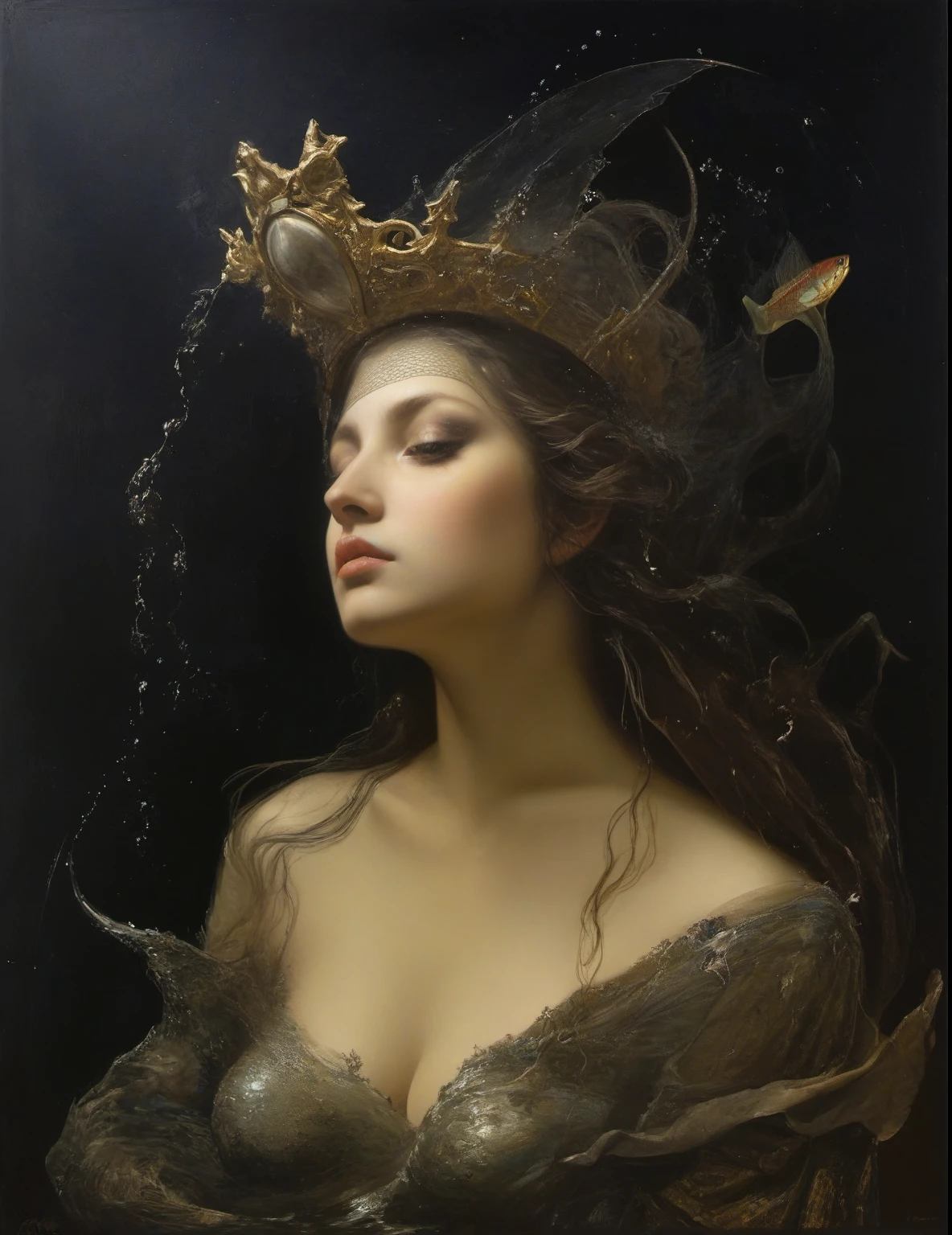 James Gurney, Surrealist art , dream-like, Mysterious, Provocative, symbolic, Complex, detailed,, (Gothic but very beautiful:1.4), (masterpiece, highest quality:1.4) , Nicola Samori Style, Goddess-like mermaid
