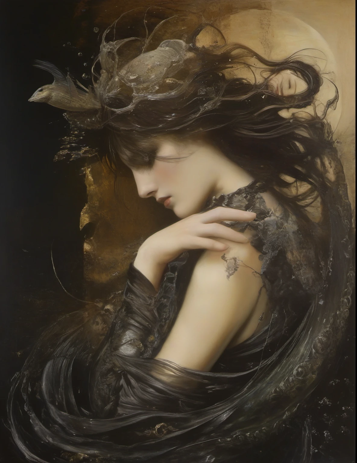 James Gurney, Surrealist art , dream-like, Mysterious, Provocative, symbolic, Complex, detailed,, (Gothic but very beautiful:1.4), (masterpiece, highest quality:1.4) , Nicola Samori Style, Goddess-like mermaid