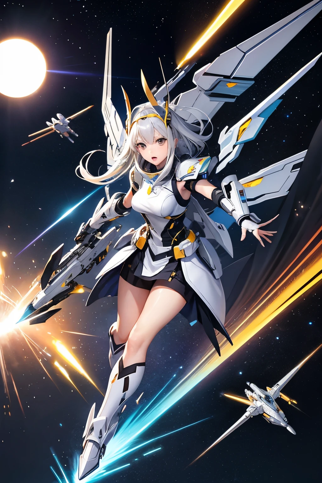 (((highest quality、first-clasasterpiece、Normal body、8k、Detailed face、Ultra-precision、Normal hand、Normal finger、5Finger、)))Gold silver hair、Machine Angel、Large mechanical wings、Large booster、Large thruster、Head visor、Thought-guided remote-controlled weapon、Full Armor、Beam rifle、Beam Shooting、Running through space、Full boost、Beam Sword、Fighting space monsters、Variable Beam Launcher、multi missile、Mega Beam Cannon、In combat、Dogfight、High Maneuver、fleet battle、Destroy enemy ships、High mega particle cannon firing、ultimate weapon、Multi-warhead missiles、Full burst、All-at-once sweep、Degeneracy runaway、