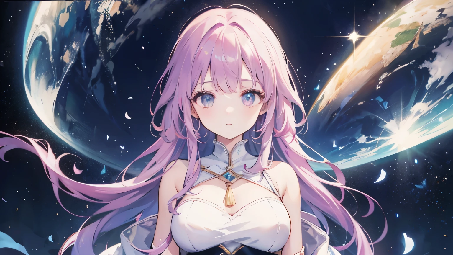 a woman in galaxy, there are lots of star around her. Background have a big unicorn. woman in half-body