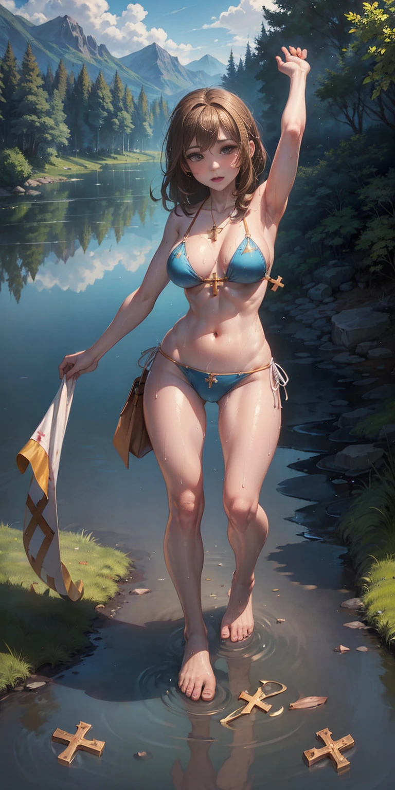 full body standing straight symmetrical, FEMALE Masterpiece, 1girl, solo, brunette hair, bikini, white long legs, lake, wet clothes, barefoot, full body, erotic expression, (( high clarity of crotch gaps, clear visibility of cross-part gaps, exposed lower body, exposed))