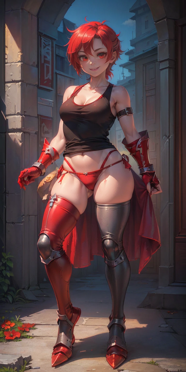 (plain background, 8k, best quality, masterpiece, realistic, photo-realistic:1.37) (full body height standing straight symmetrical contrapposto) (looking at viewer) 2legs apart (wide stance) ultra detailed, 1solo cute girl (beautiful detailed eyes) (smile:1.2) ((red cheeks, red eyes, red tank top, red thong, red gloves gauntlets, red stockings thighs))