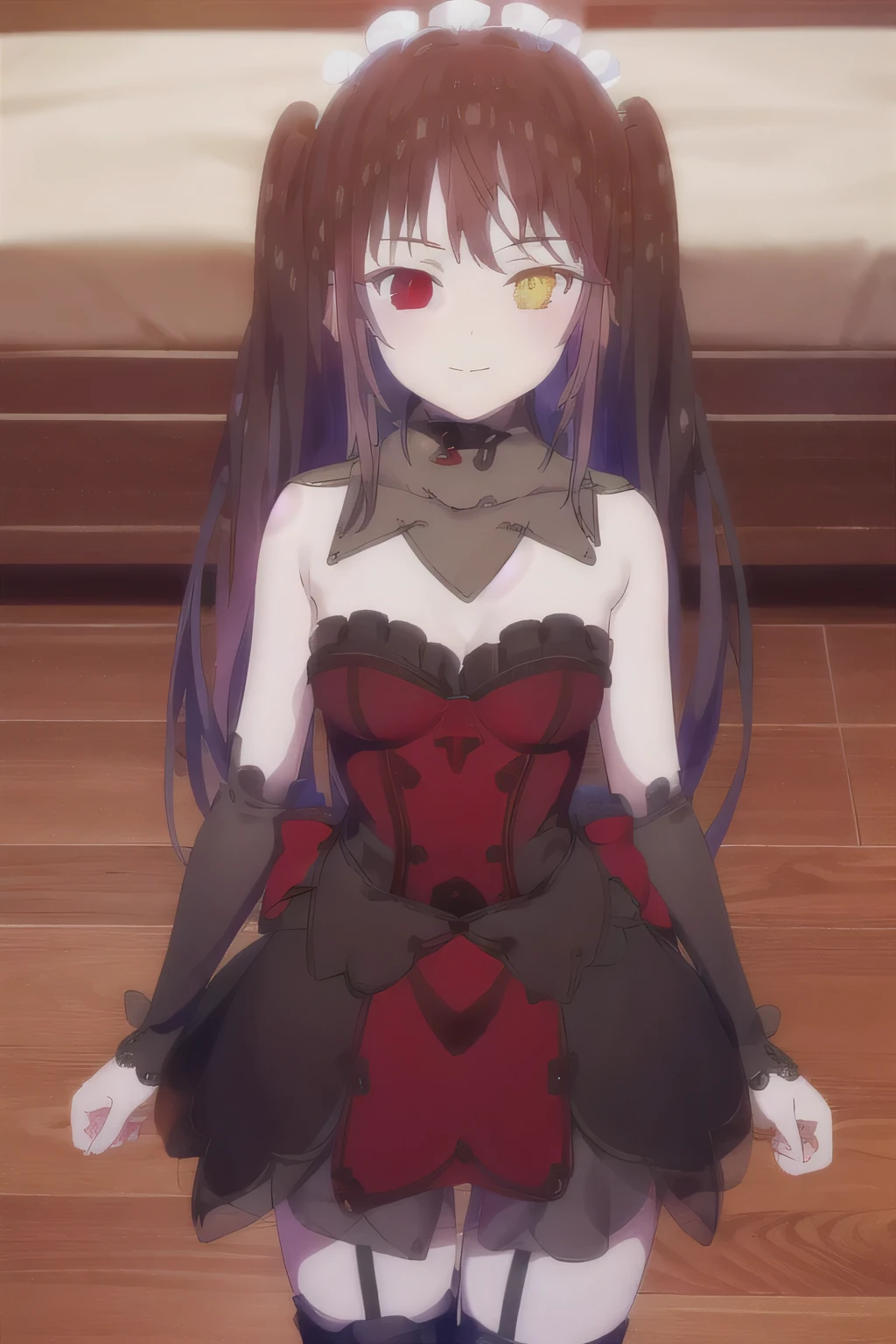 (((Pixel Perfect, Perfect details))), Solitary, 1 Girl, Tokisaki Kurumi, Double tail, scarf, skirt, Red Gothic, Looking at the audience, The Ambitious Kuroshiki, Tokisaki Kurumi,, (Red Eyes:1.2), (Small breasts:1.2), rest blush, Smile, High Leg Raise, bow, ribbon, cleveage, decorate,, white High Leg Raise, Wrist sleeves, headdress, Garter, rest looking at viewer, rest indoors, floor, floorroom, rest (masterpiece:1.2), best quality, high resolution, Unity 8K wallpaper, (illustration:0.8), (Beautiful and delicate eyes:1.6), Extremely detailed face, Perfect lighting, Extremely detailed CG, (Perfect hands, Perfect anatomical structure),