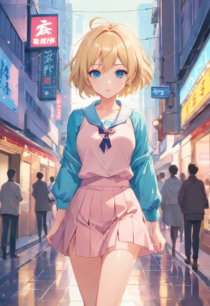 17 years old Women, ((Blonde)), ((Blue eyes)), ((Short hair)), ((Full shot)), very detailed makeup, pale pink lipstick, long earrings, bare shoulders and jewelry necklace, short backless blouse, tight-fitting miniskirt, pantyhose, stockings and high-heeled shoes, wet floor