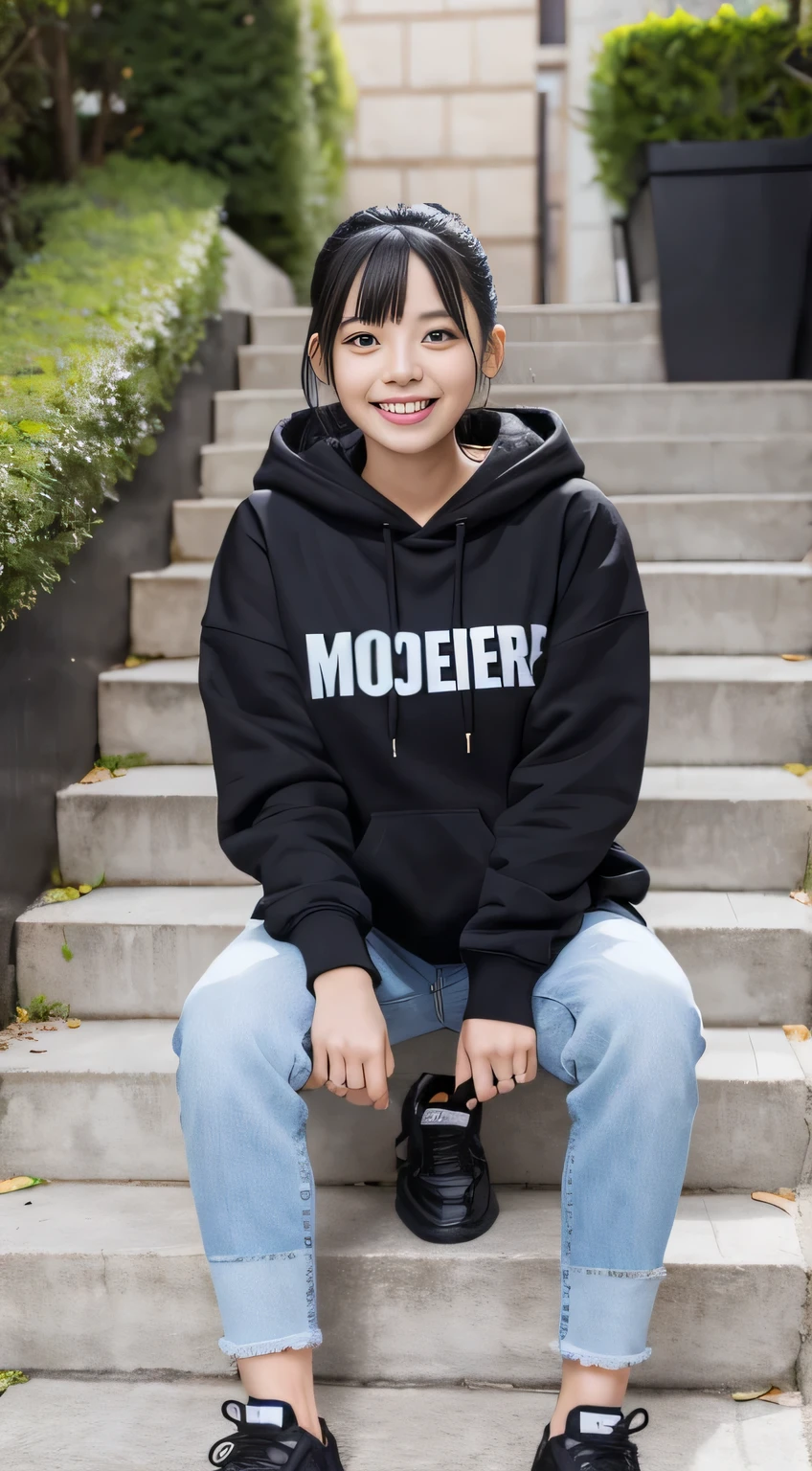highest quality, Realistic, Very detailed, Finer details, High resolution, 8k wallpaper, One beautiful woman,Sit on the stairs、（Wear black socks）smile、（Beautiful teeth alignment、）（Gums are visible） Oversized hoodie, Skinny jeans,（ Black sneakers）、Black Hair、 Beautiful Bangs、ear piercing、Perfect dynamic composition, Beautiful and detailed, Full Body Shot, A big smile

