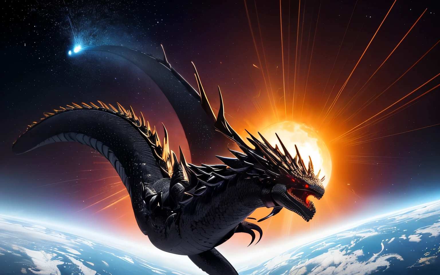 A distant photograph of a giant black dragon monster flying over a curved, sun-colored sphere.。A snake on a map with coordinate lines, Space fungus simulation, Microscope image, Micrograph, Sculpture, A scientific depiction, Microscope View, Alien Deposition Schematic, 空からmeteoriteが落ちてくる, Detailed scientific illustrations, An illustration of, An illustration, protozoa, meteorite
