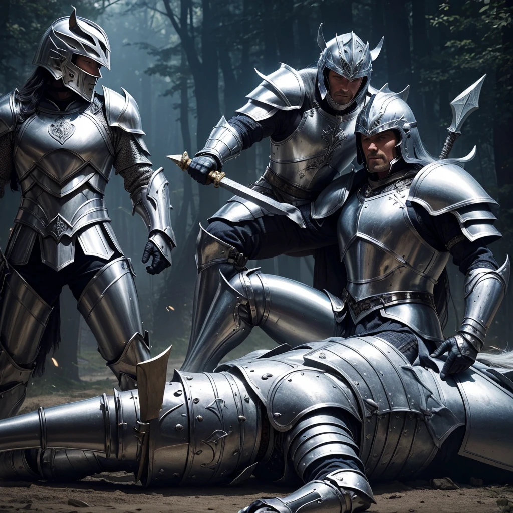 Model DreamShaper ,DruidMagicAI ,Two men in silver armor and helmets ! Sitting on an armored horse ! They fight each other ! A man attacked with a sword! other , other man can be seen hitting with an axe ! The horse's legs and tail are clearly visible ! headlight , ((masterpiece)), ((best quality)) , Very detailed,, Highest detail, Ah Gao_detail, Coloring, fair, HDR, Reality,