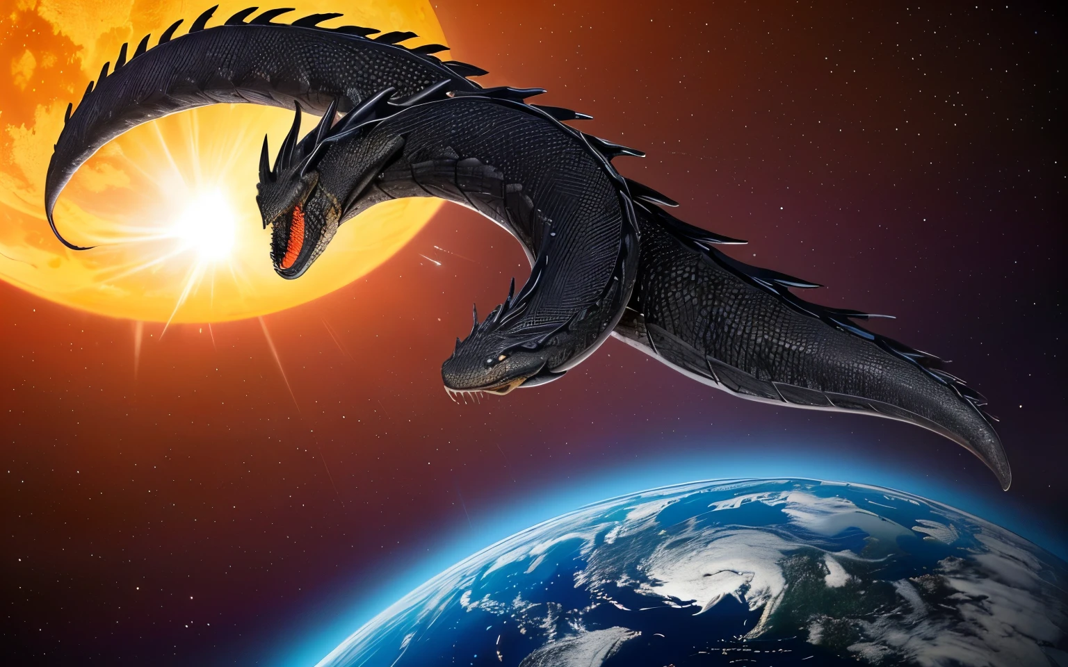 A distant photograph of a giant black dragon monster flying over a curved, sun-colored sphere.。A snake on a map with coordinate lines, Space fungus simulation, Microscope image, Micrograph, Sculpture, A scientific depiction, Microscope View, Alien Deposition Schematic, 空からmeteoriteが落ちてくる, Detailed scientific illustrations, An illustration of, An illustration, protozoa, meteorite