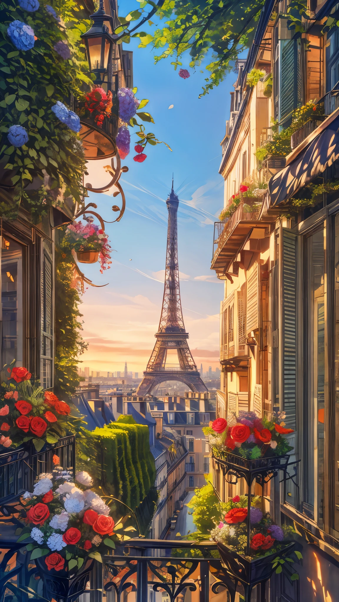 Generate an 8K painting of a view of the eiffel tower from a balcony, balcony filled with flowers, paris background, multicolored flowers, roses, with eiffel view, the city of paris, eiffel tower photography, paris city, portrait of paris, ornate french architecture, paris hotel style, french architecture, parisian buildings, beautiful cityscape, scenic view at night, france, in the foreground paris, wrought iron architecture, eiffel tower in the middle, paris