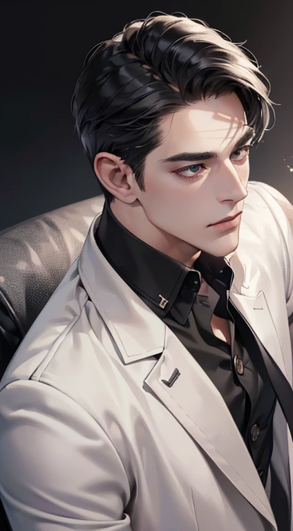(best quality, masterpiece, 8K, photorealistic, cinematic lighting, 1:4 hdr image, top view, ultra detailed, beautiful image), a man, very handsome, short black hair, black eyes, perfect face without errors , ((buttonhis jacket, CEO))