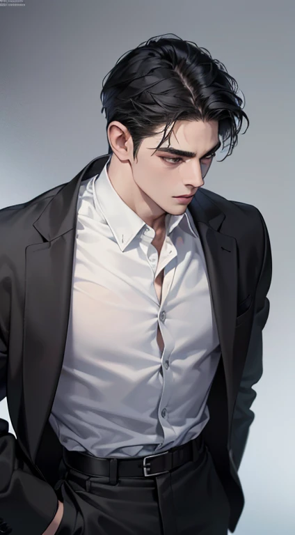 (best quality, masterpiece, 8K, photorealistic, cinematic lighting, 1:4 hdr image, top view, ultra detailed, beautiful image), a mature man, very handsome, short black hair, black eyes, perfect face without errors , ((buttoning his jacket, CEO))