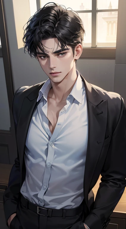 (best quality, masterpiece, 8K, photorealistic, cinematic lighting, 1:4 hdr image, top view, ultra detailed, beautiful image), a mature man, very handsome, short black hair, black eyes, perfect face without errors , ((buttoning his jacket, CEO))