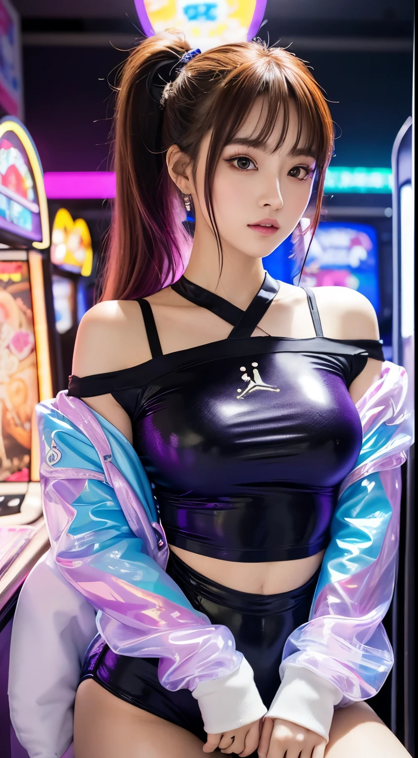 ((masutepiece)), Best Quality, absurderes, ultra-detailliert, Holographic, Cowboy Shot, Golden ratio, Super cute girl, Mature girl, Idol girl, Super beautiful asian girl with very beautiful purple glowing eyes, Beautiful shiny brown multicolored hair, High Ponytail, Nice and sexy body, Slim body, Perfect body, Wearing a super tight anime pattern leotard, Anime Print Super Tight Off Shoulder Long Sleeve Crop Top, Super aesthetic transparent mini jacket, beautiful hair decoration, Pink Jordan Tennis, with black and messy shiny hair,,, In arcade games