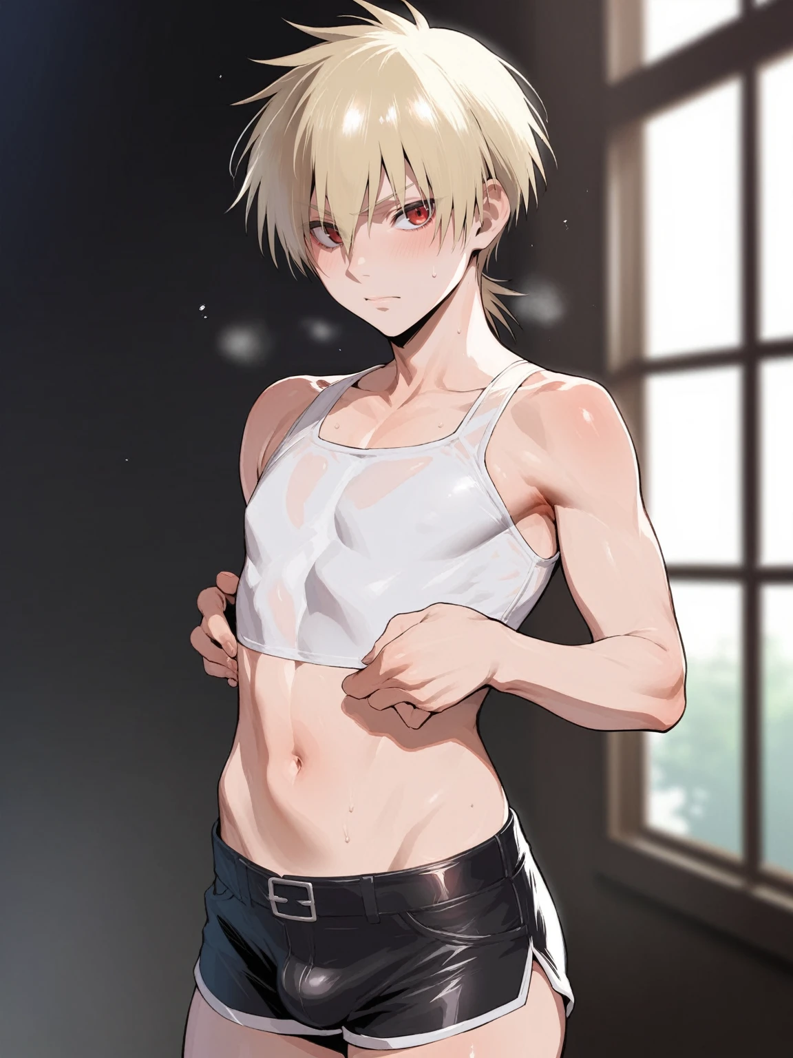 score_9, score_8_up, source_anime, standing, hellsing, seras, femboy, twink, shorts, otoko no, crop top, indoors, ikuchan