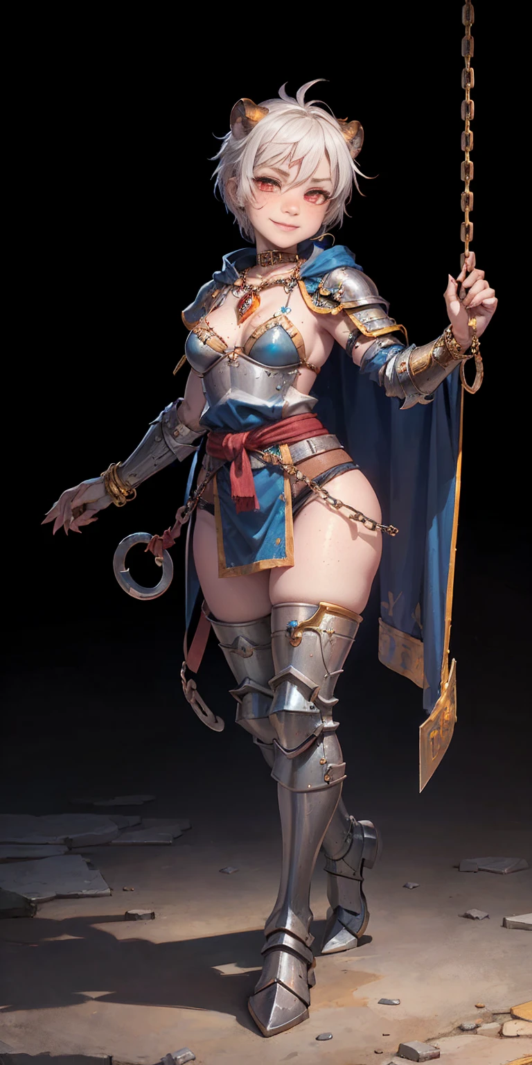 Masterpiece, (flat black background:1.2) solo, detailed face, intricate iris, thick lips, robot girl, (gold and white skin), realistic illustration of a (cyborg girl), (RED eyes), IvoryGoldAI, (freckles),(holding BREATHTAKING:1.2), (gold and white armor:1.2), (looking at viewer:1.2), parted lips, standing straight symmetrical, looking at viewer, lustful smirking smile face red blushed red cheeks, thick thighs, thigh highs, thigh, boots, armor, armored boots, full body armor, bikini armor, big breastplate, pauldron, bracers, leather black choker, tiger claws gloves, short bob white haircut, helmeted, metal shoulders, red long loincloth, longest blue cape reach to the waist, shackles and chains wristbands