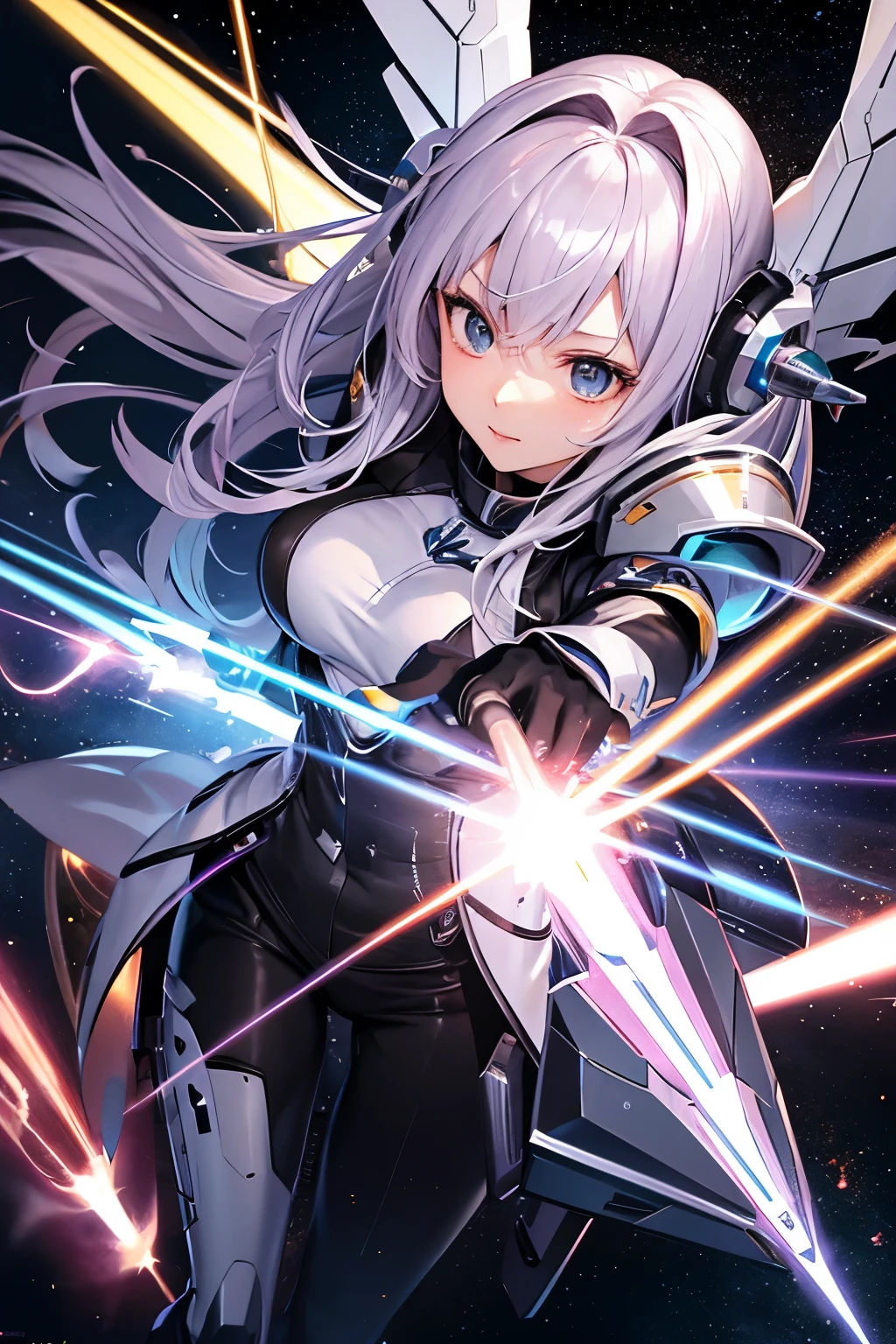 （（（highest quality、first-clasasterpiece、Normal body、8k、Detailed face、Ultra-precision、Normal hand、Normal finger、５Finger、）））Pink silver hair、Machine Angel、Large mechanical wings、Large booster、Large thruster、Sun visor、Thought-guided remote-controlled weapon、Full Armor、Beam rifle、Beam Shooting、Running through space、Beam Sword、Fighting space monsters、Variable Beam Launcher、multi missile、Mega Beam Cannon、In combat、Dogfight、High Maneuver、Colony Laser