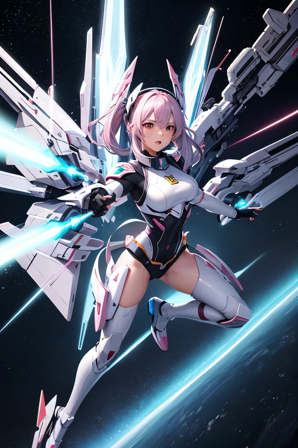 （（（highest quality、first-clasasterpiece、Normal body、8k、Detailed face、Ultra-precision、Normal hand、Normal finger、５Finger、）））Pink silver hair、Machine Angel、Large mechanical wings、Large booster、Large thruster、Sun visor、Thought-guided remote-controlled weapon、Full Armor、Beam rifle、Beam Shooting、Running through space、Beam Sword、Fighting space monsters、Variable Beam Launcher、multi missile、Mega Beam Cannon、In combat、Dogfight、High Maneuver、Colony Laser