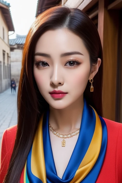 Close-up of a woman wearing a silk scarf and necklace, Inspired by Huang Ji's Forbidden City colors, Instagram, tachisme, gorgeous chinese models, She was about 28 years old, she is about 30 years old, 8k selfie photograph, She was about 32 years old, Gorgeous young Korean woman, dilraba dilmurat, Scarf