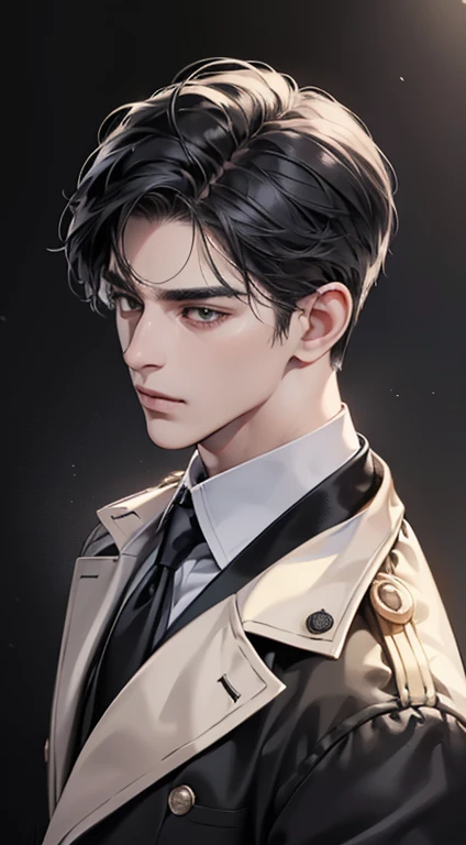 (best quality, masterpiece, 8K, photorealistic, cinematic lighting, 1:4 hdr image, top view, ultra detailed, beautiful image), a mature man, very handsome, short black hair, black eyes, perfect face without errors , ((buttoning his jacket, CEO))