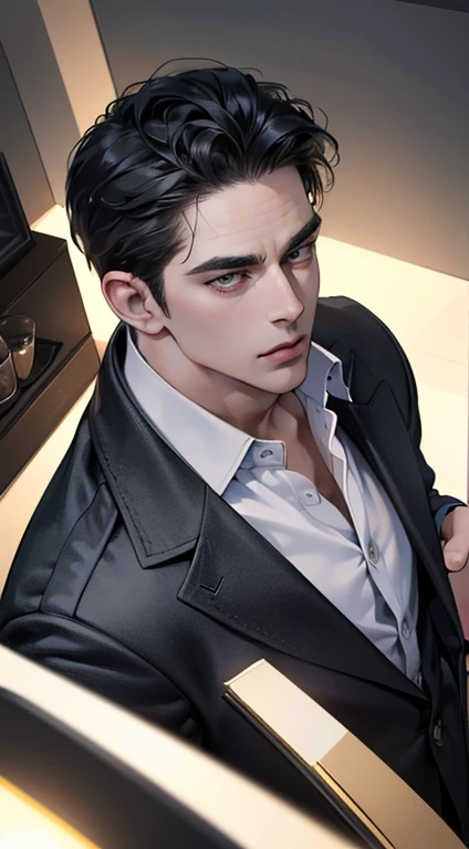 (best quality, masterpiece, 8K, photorealistic, cinematic lighting, 1:4 hdr image, top view, ultra detailed, beautiful image), a mature man, very handsome, short black hair, black eyes, perfect face without errors , ((buttoning his jacket, CEO))