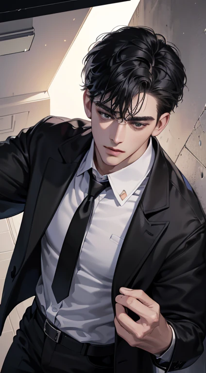 (best quality, masterpiece, 8K, photorealistic, cinematic lighting, 1:4 hdr image, top view, ultra detailed, beautiful image), a mature man, very handsome, short black hair, black eyes, perfect face without errors , ((buttoning his jacket, CEO))