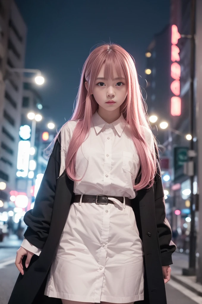 1 girl, Pink long hair, Red Corner, White collared shirt, Black Tie, A faint smile, Yellow eyes, Keratin_strength,, architecture,shop,City Streets, Dark sky, landscape,Neon,of the night city, Japanese lyrics,, , Disorganized, Beautiful eyes, Very detailed, Volumetric Lighting, Practical, Practical lighting, 8k, Movie Lighting, Depth of writing boundaries, Perfect, Very detailed, photoPractical, ultra Practical, Practical light, Hard Lighting, Intricate details, stop-motion, Tone Mapping, Clear focus, Very detailed,