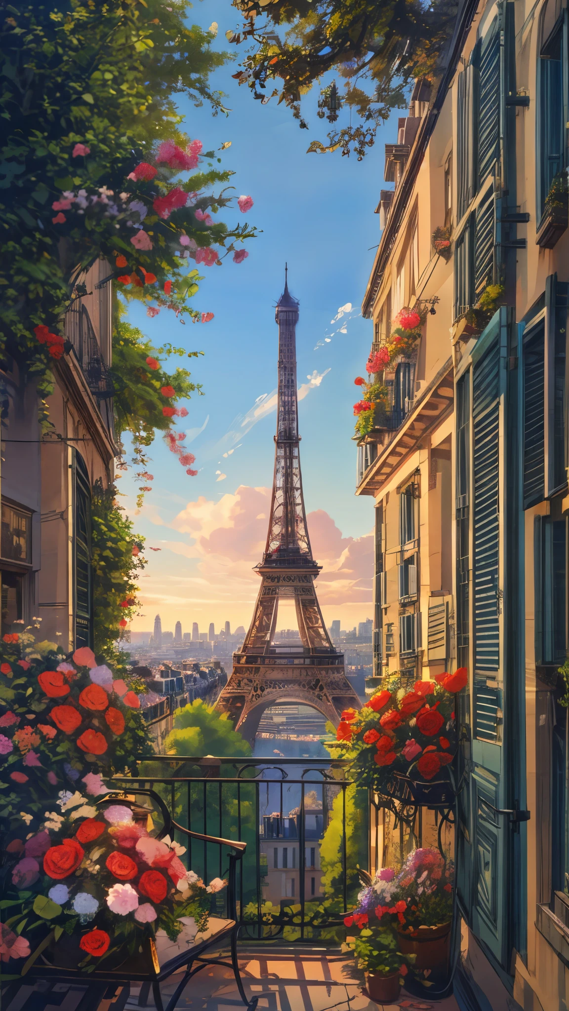 Generate an 8K painting of a view of the eiffel tower from a balcony, balcony filled with flowers, paris background, multicolored flowers, roses, with eiffel view, the city of paris, eiffel tower photography, paris city, portrait of paris, ornate french architecture, paris hotel style, french architecture, parisian buildings, beautiful cityscape, scenic view at night, france, in the foreground paris, wrought iron architecture, eiffel tower in the middle, paris