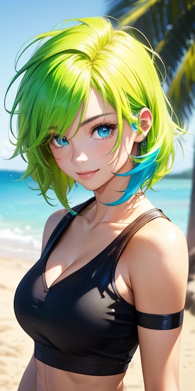Baby Face, (Short colorful fluorescent hair:1.5,Messy Hair:1.5), (photoRealistic:1.8), (masterpiece, Side light, Exquisite beautiful eyes: 1.5), masterpiece*Portraiture, Realistic, 3D Face,(Cute face),Front view: 1.6、 (Sparkling blue eyes:1.2),Plump face:1.5,(We say:1.5)、(Captivating smile:1.2),Rosy Mouth,The body is slim,Abdominal muscles, Shiny Hair, Shiny skin: 1.5、Medium chest,Cleavage、alone,Punk Girl,(stand)、(Shoulder shirt:1.5)、(Character Focus:1.5、Portrait:1.5、Upper Body),Beach,