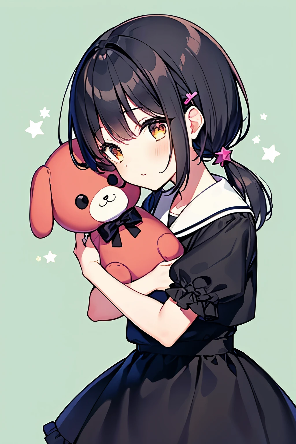 1girl,9 , Height is 151,Slender, Black hair, very dark brown eyes, Short cute twintails, Stars hair clips, Dark blue skirt dress, rainbow and cloub patterns dress, hugging puppy doll, Simple background
