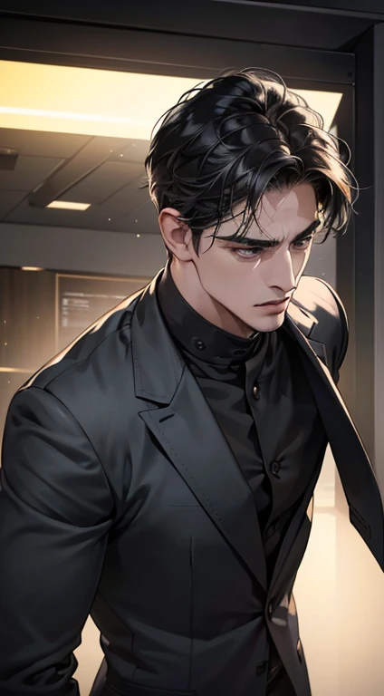 (best quality, masterpiece, 8K, photorealistic, cinematic lighting, hdr image, ultra detailed, beautiful image), 1 man, 31 years old, mature man, very handsome, (without expression, serious), short black hair, black eyes ( penetrating gaze), perfect face without errors, imposing posture, without errors, businessman, office background